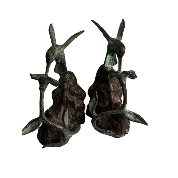 Bronze Hummingbird And Flower Bookends Verdigris Patina Pair 7 Inches - Picture 4 of 7
